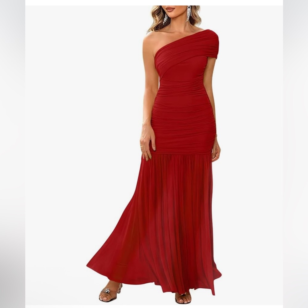 One-Shoulder Red Maxi Mesh Dress - Picture 3 of 3